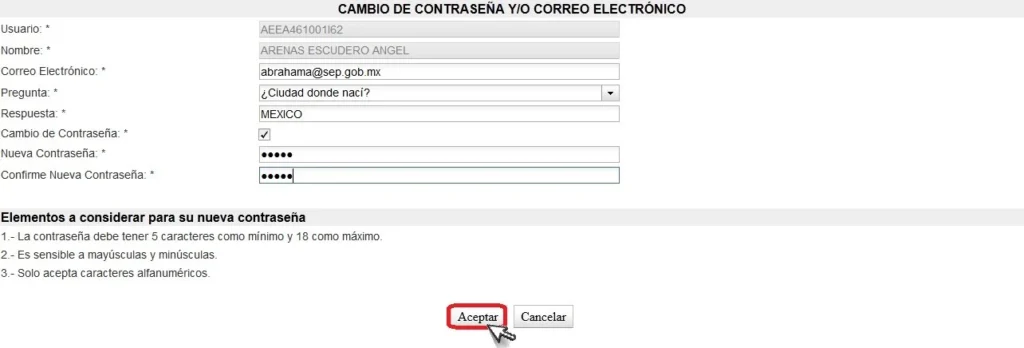 Mi Portal SEP Cambio de Contraseña