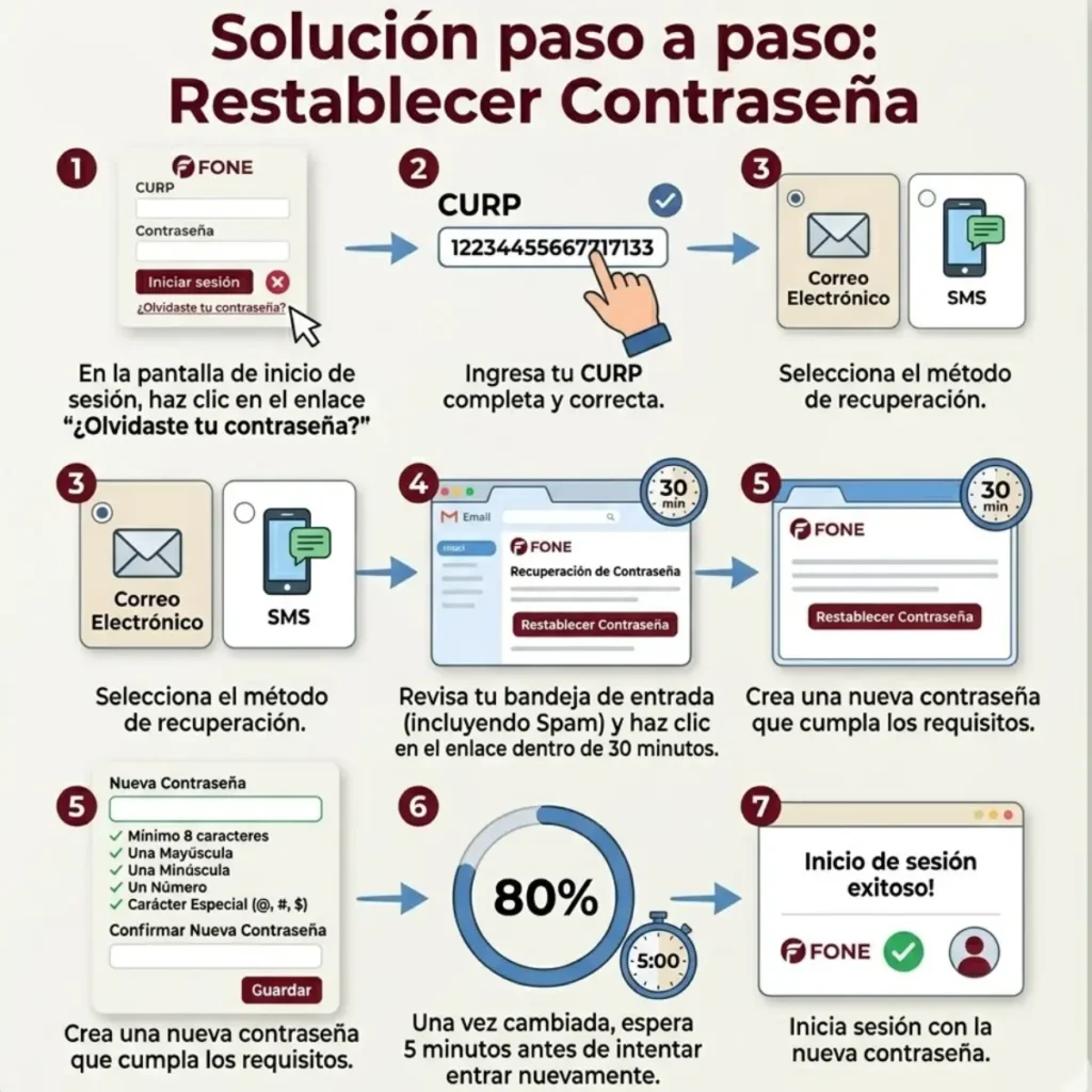 Infografía paso a paso titulada «Solución paso a paso: mi portal fone - Restablecer contraseña», que muestra cómo restablecer una contraseña. Muestra seis pasos numerados con capturas de pantalla e iconos: introducir el CURP, seleccionar el método de recuperación (correo electrónico/SMS), consultar la bandeja de entrada, crear una nueva contraseña, tiempo de espera e inicio de sesión correcto. La guía incluye un círculo de progreso que indica un 80 % y un temporizador de espera de 5 minutos.