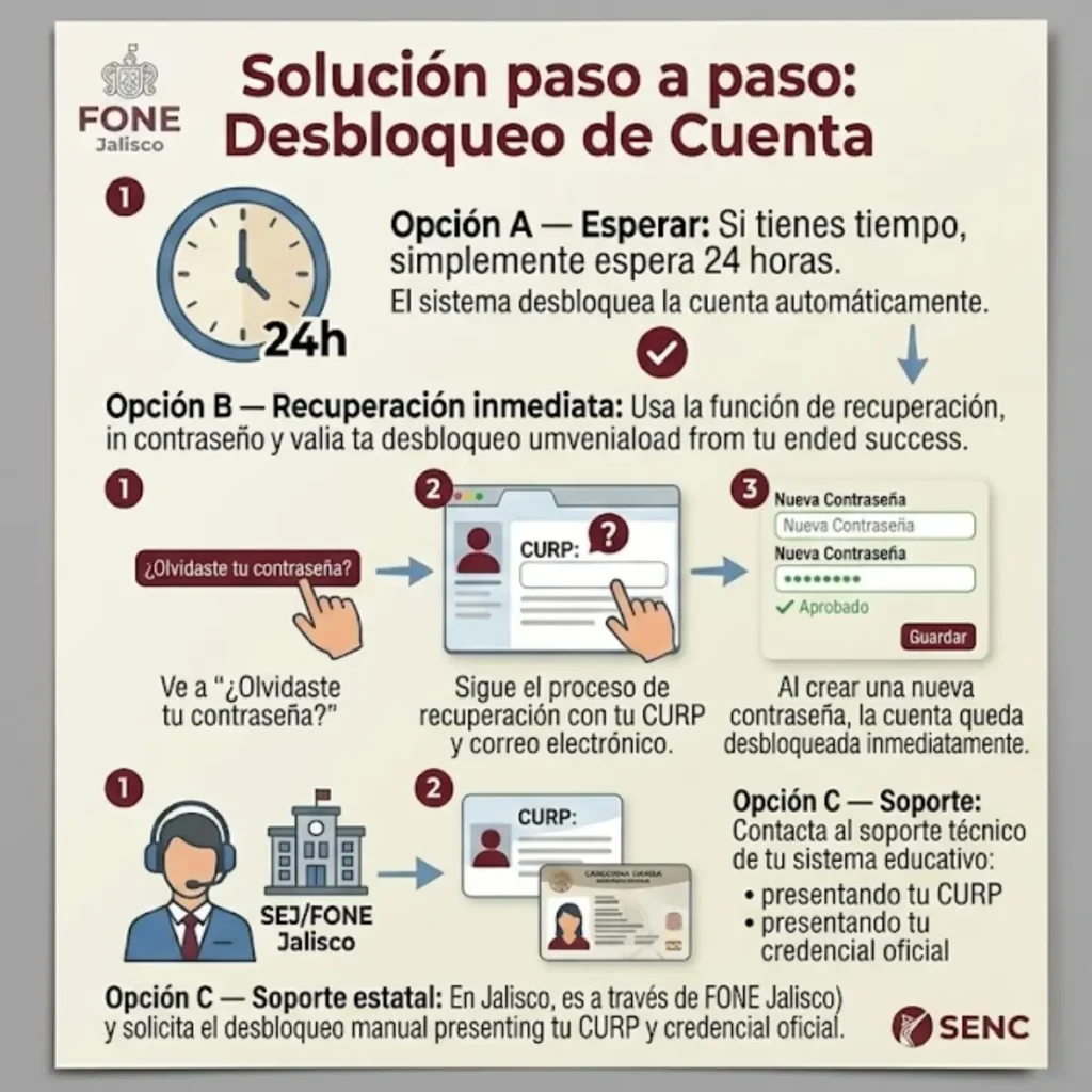 "Caso Práctico 2: La cuenta está bloqueada por múltiples intentos fallidos — Arturo Vega (Jalisco). Solución paso a paso para desbloquear la cuenta en Mi Portal FONE. Incluye tres opciones:
Opción A — Esperar 24 horas para que el sistema desbloquee automáticamente.
Opción B — Recuperación inmediata usando la función de restablecer contraseña con CURP y correo electrónico.
Opción C — Contactar al soporte técnico estatal de FONE Jalisco para desbloqueo manual."