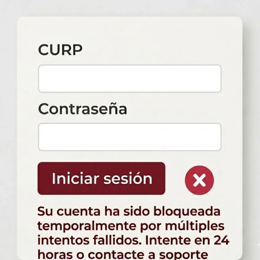 Caso Práctico 2: La cuenta está bloqueada por múltiples intentos fallidos — Arturo Vega (Jalisco). Step-by-step infographic titled 'Solución paso a paso: Restablecer Contraseña' for Mi Portal FONE, showing how to reset a blocked password. It displays 6 numbered steps with screenshots and icons: entering CURP, selecting recovery method (Email or SMS), checking inbox, creating a new strong password, waiting time, and successful login. Includes an 80% progress circle and a 5-minute waiting timer.